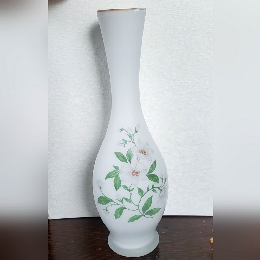 Vintage Tall White Frosted Glass Vase with White Floral Design
